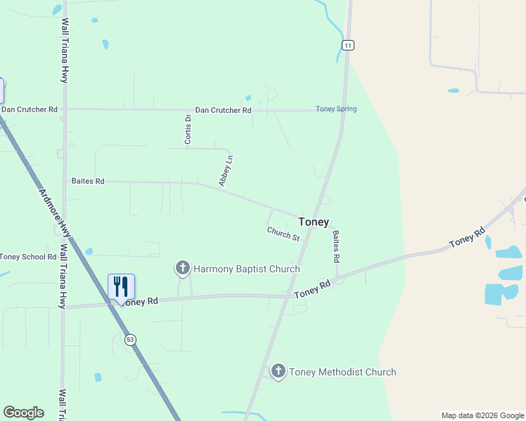 map of restaurants, bars, coffee shops, grocery stores, and more near 280 Baites Road in Toney