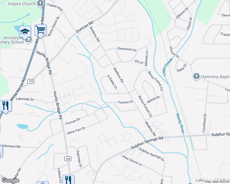 map of restaurants, bars, coffee shops, grocery stores, and more near 1 East Sable Court in Greenville