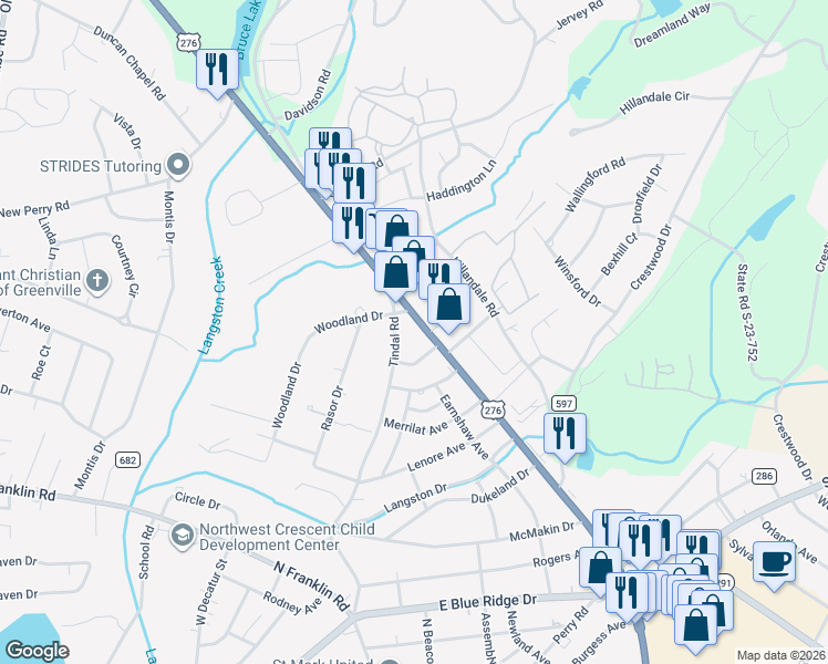 map of restaurants, bars, coffee shops, grocery stores, and more near 2509 Poinsett Highway in Greenville