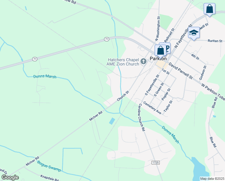 map of restaurants, bars, coffee shops, grocery stores, and more near 211 Vermilion Drive in Parkton