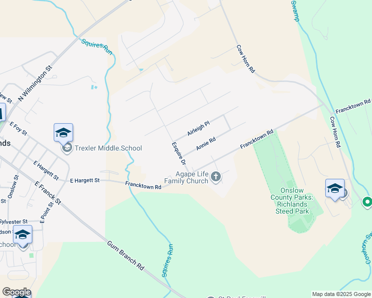 map of restaurants, bars, coffee shops, grocery stores, and more near 103 Annie Road in Richlands