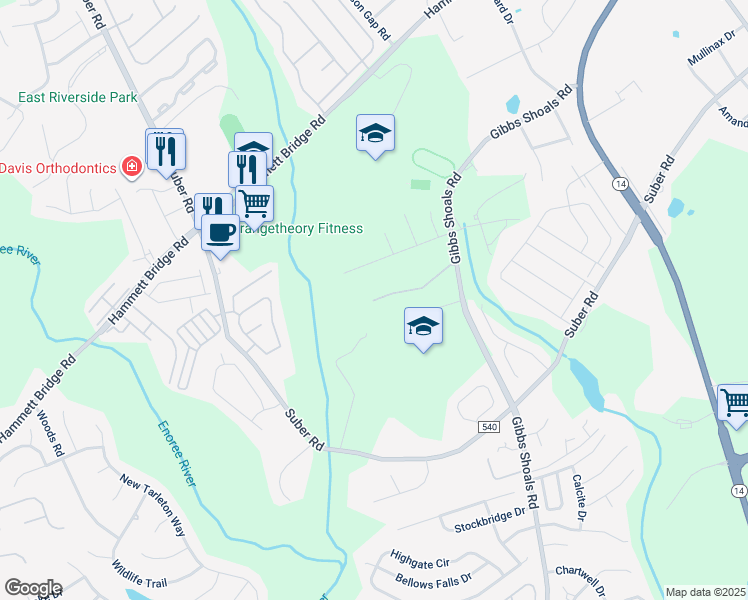 map of restaurants, bars, coffee shops, grocery stores, and more near 199 Four Meadows Lane in Greer