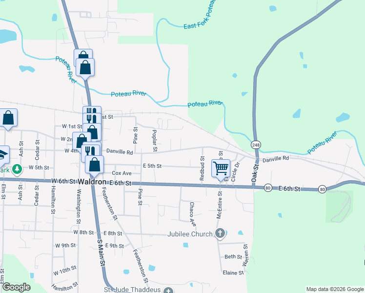 map of restaurants, bars, coffee shops, grocery stores, and more near 768 Danville Road in Waldron