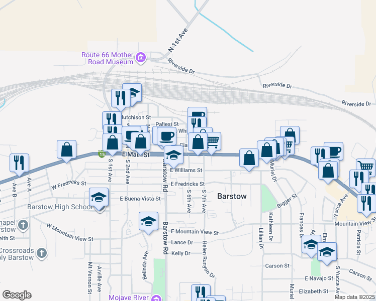 map of restaurants, bars, coffee shops, grocery stores, and more near 601 East Main Street in Barstow