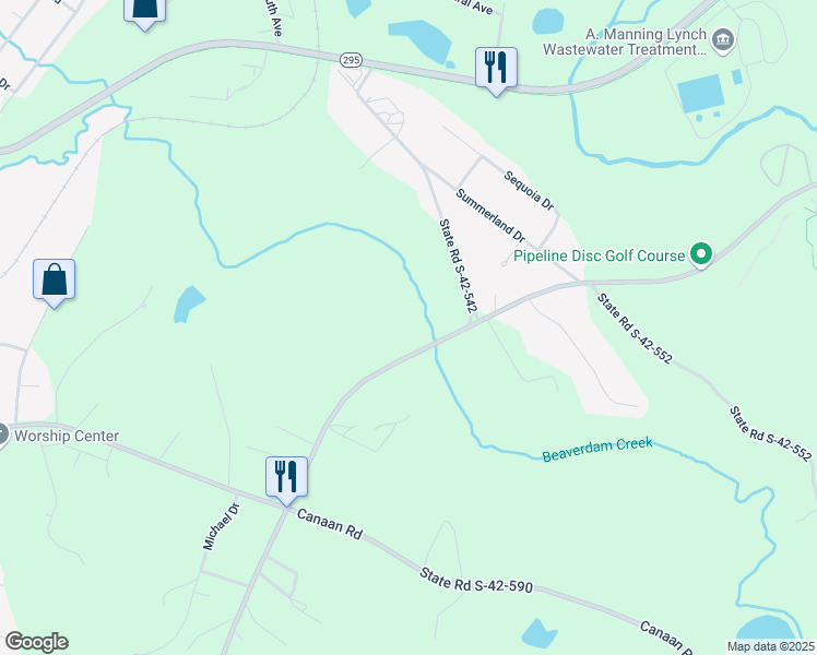 map of restaurants, bars, coffee shops, grocery stores, and more near 306 State Road S-42-590 in Roebuck