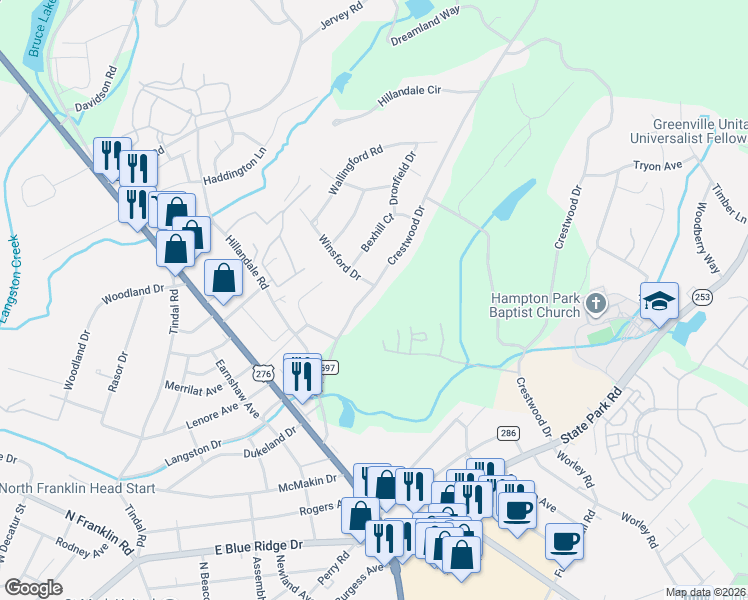 map of restaurants, bars, coffee shops, grocery stores, and more near 200 Crestwood Drive in Greenville