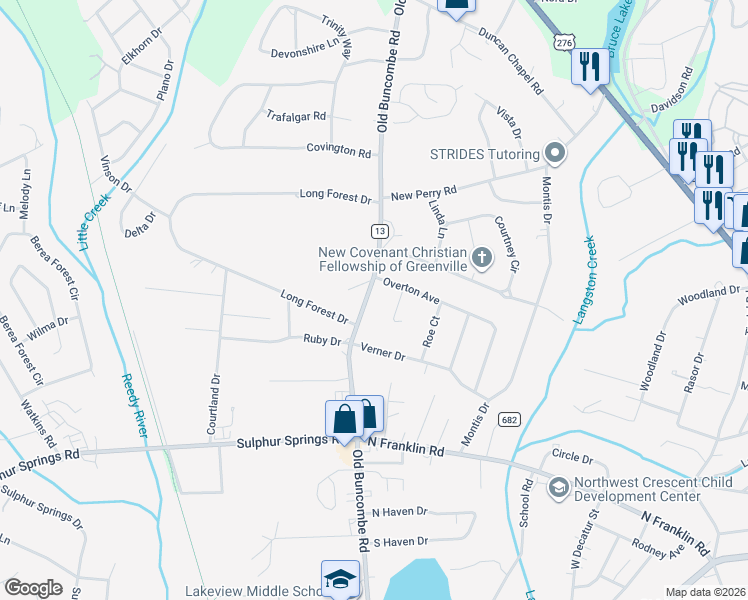 map of restaurants, bars, coffee shops, grocery stores, and more near 4212 Old Buncombe Road in Greenville
