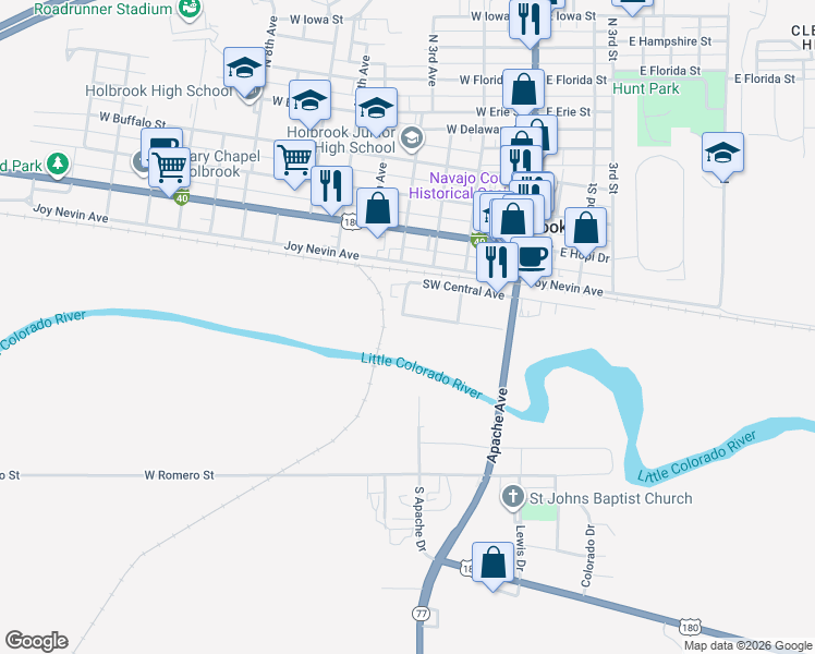 map of restaurants, bars, coffee shops, grocery stores, and more near 233 West Alvarado Drive in Holbrook