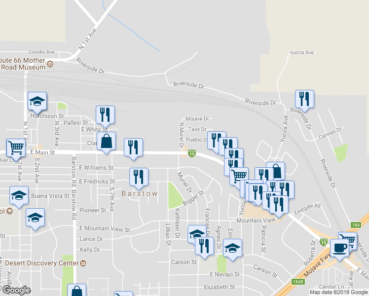 map of restaurants, bars, coffee shops, grocery stores, and more near 1001 East Main Street in Barstow