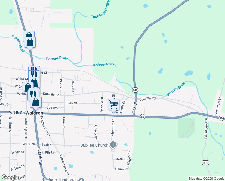 map of restaurants, bars, coffee shops, grocery stores, and more near 1032 Danville Road in Waldron