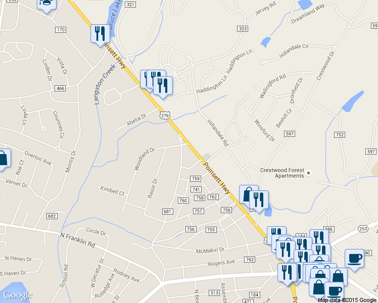map of restaurants, bars, coffee shops, grocery stores, and more near 2509 Poinsett Highway in Greenville
