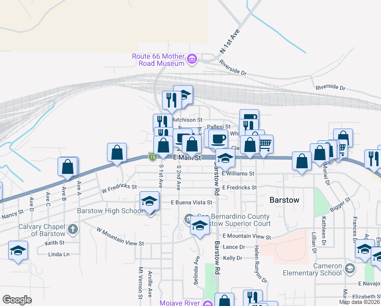 map of restaurants, bars, coffee shops, grocery stores, and more near 229 East Main Street in Barstow