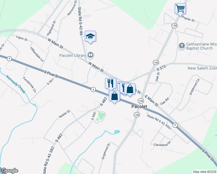 map of restaurants, bars, coffee shops, grocery stores, and more near 141 Church Street in Pacolet