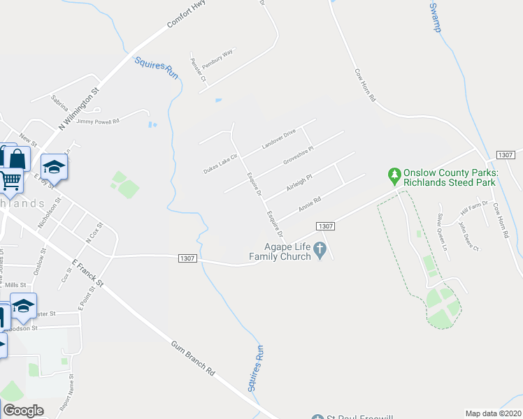 map of restaurants, bars, coffee shops, grocery stores, and more near 111 Esquire Drive in Richlands