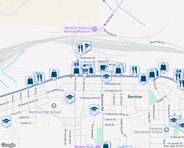 map of restaurants, bars, coffee shops, grocery stores, and more near 239 East Main Street in Barstow