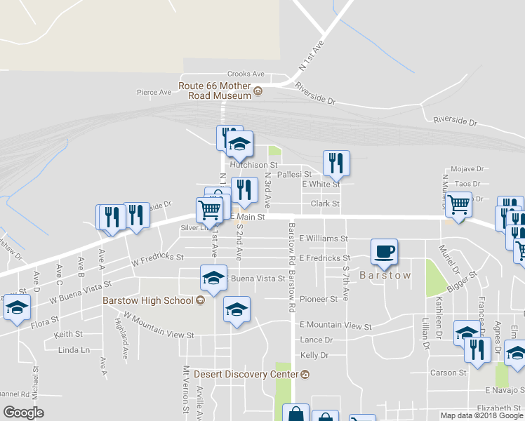 map of restaurants, bars, coffee shops, grocery stores, and more near 239 East Main Street in Barstow
