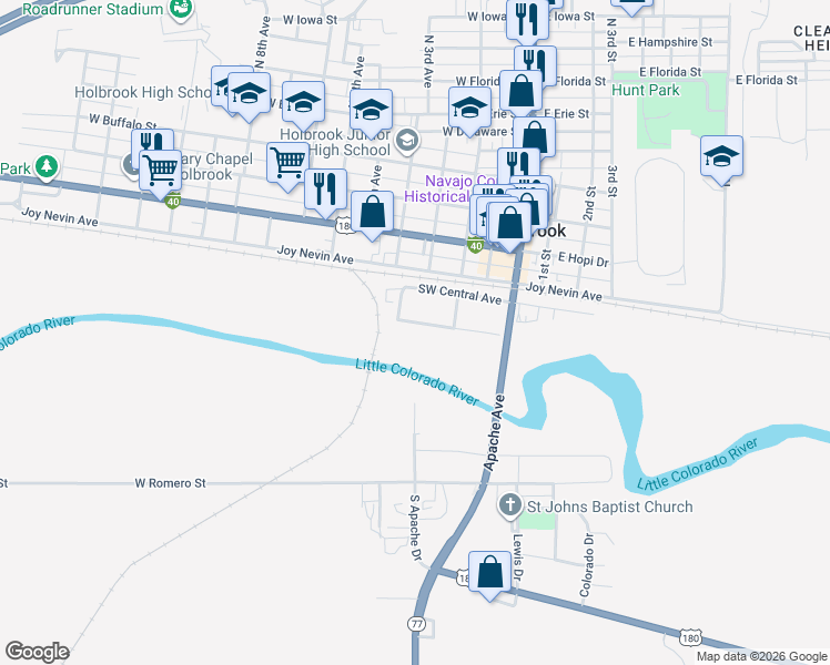 map of restaurants, bars, coffee shops, grocery stores, and more near 233 West Alvarado Drive in Holbrook
