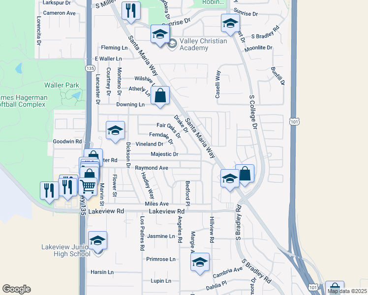 map of restaurants, bars, coffee shops, grocery stores, and more near 3335 Fair Oaks Drive in Santa Maria