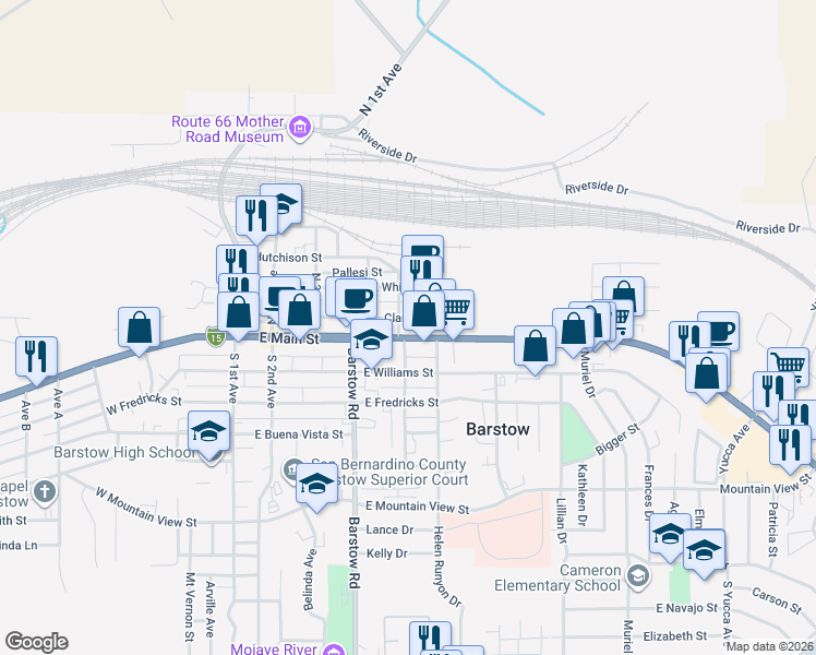 map of restaurants, bars, coffee shops, grocery stores, and more near 605 East Main Street in Barstow