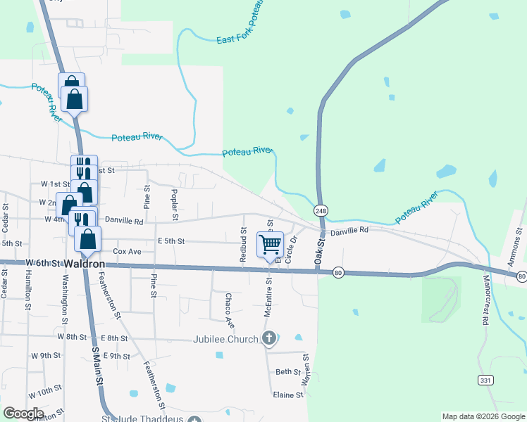 map of restaurants, bars, coffee shops, grocery stores, and more near 1032 Danville Road in Waldron