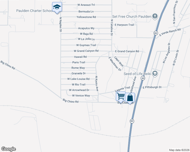 map of restaurants, bars, coffee shops, grocery stores, and more near 24270 North Kyoto Avenue in Paulden