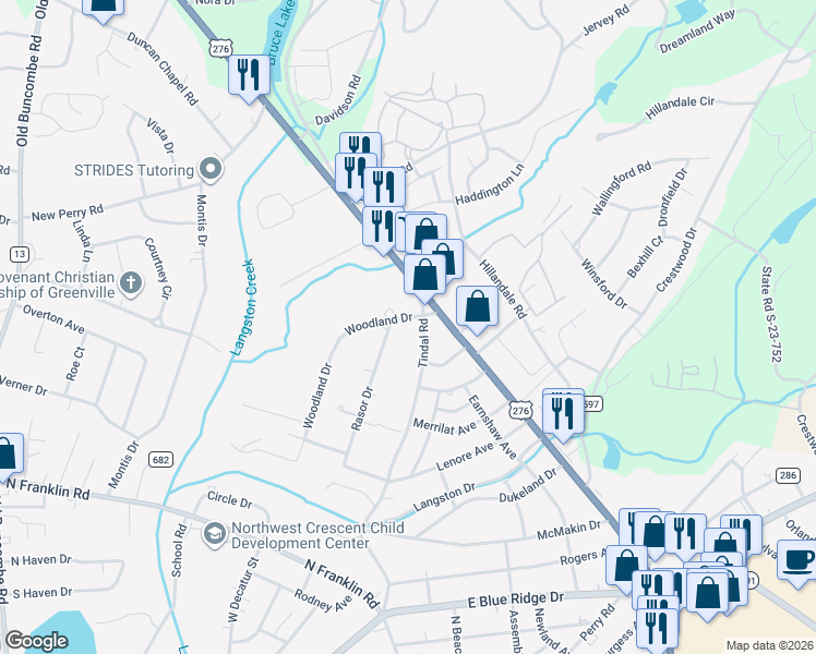 map of restaurants, bars, coffee shops, grocery stores, and more near 515 Tindal Road in Greenville
