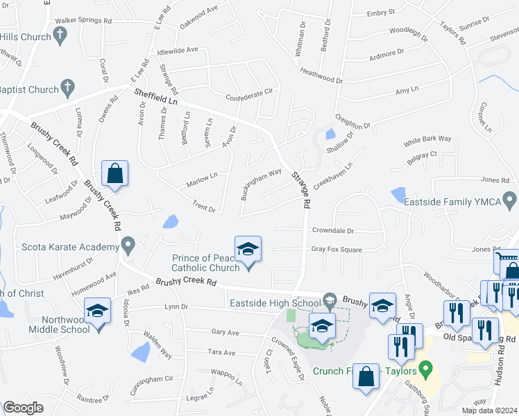 map of restaurants, bars, coffee shops, grocery stores, and more near 105 Buckingham Way in Taylors