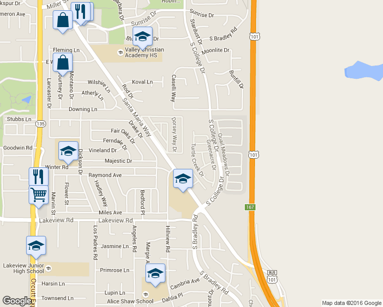 map of restaurants, bars, coffee shops, grocery stores, and more near 3311 Turtle Creek Drive in Santa Maria