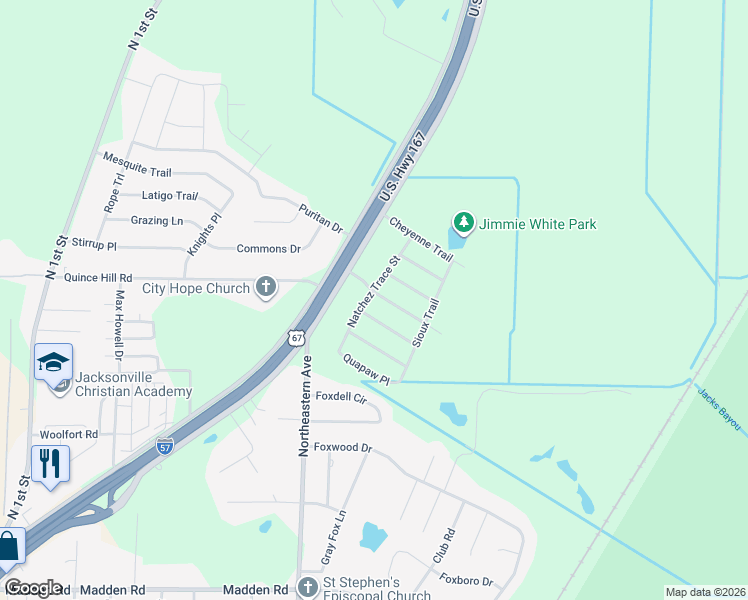 map of restaurants, bars, coffee shops, grocery stores, and more near 100 Tecumseh Trail in Jacksonville