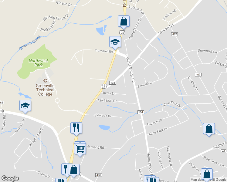 map of restaurants, bars, coffee shops, grocery stores, and more near 5 Berea Lane in Greenville
