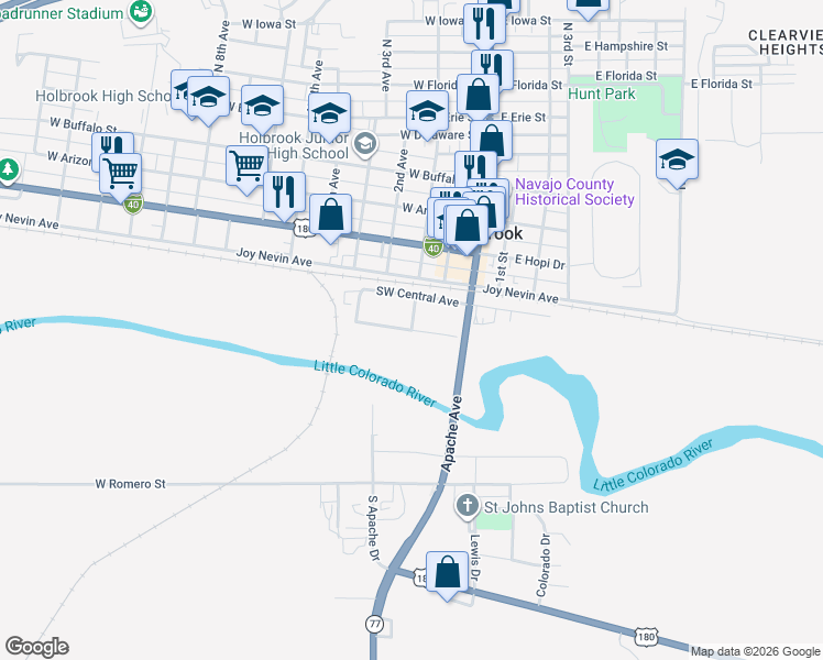 map of restaurants, bars, coffee shops, grocery stores, and more near 173 West Alvarado Drive in Holbrook