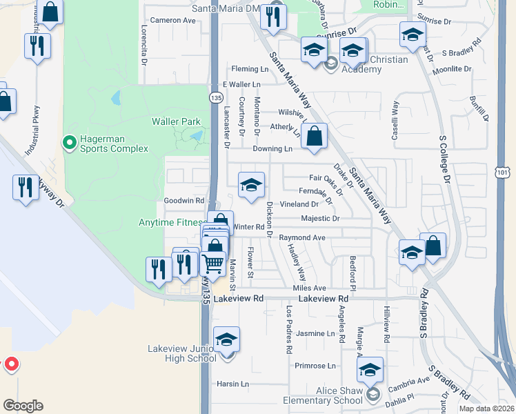 map of restaurants, bars, coffee shops, grocery stores, and more near 255 Winter Road in Santa Maria