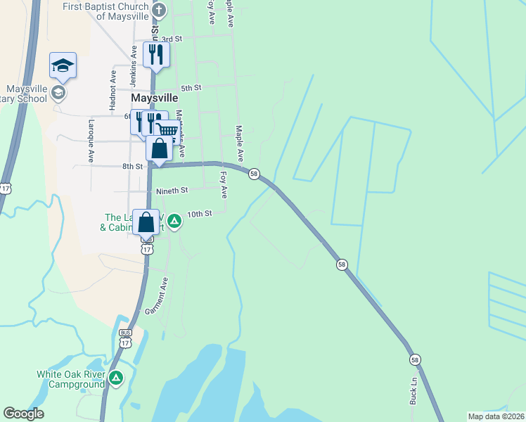 map of restaurants, bars, coffee shops, grocery stores, and more near 201 Bell Avenue in Maysville