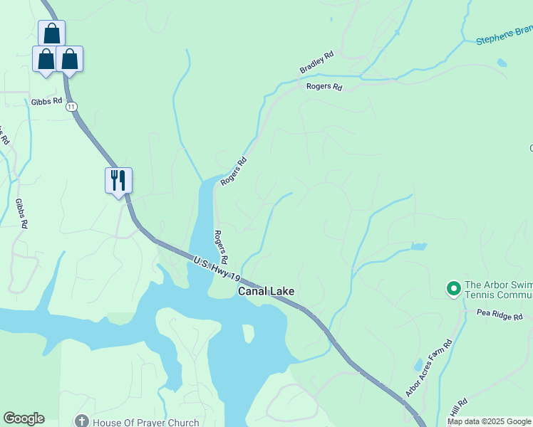 map of restaurants, bars, coffee shops, grocery stores, and more near 2206 Doe Lane in Blairsville