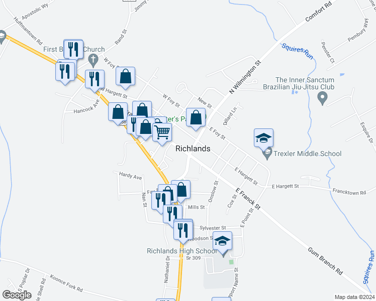 map of restaurants, bars, coffee shops, grocery stores, and more near 100 West Franck Street in Richlands