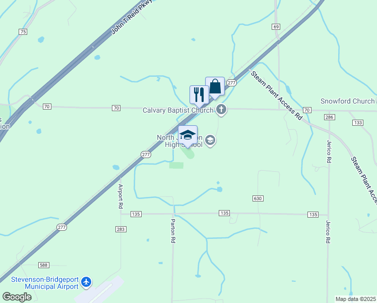 map of restaurants, bars, coffee shops, grocery stores, and more near 45549 Alabama 277 in Stevenson