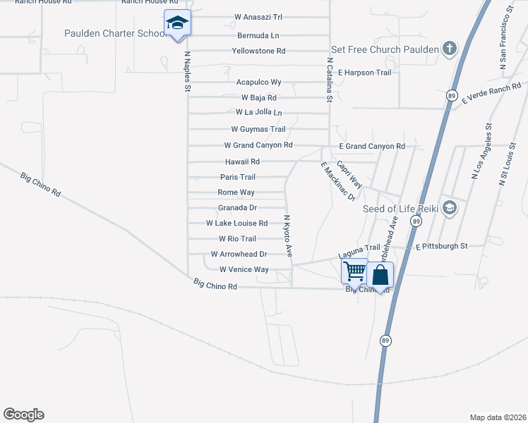 map of restaurants, bars, coffee shops, grocery stores, and more near 265 Granada Drive in Paulden