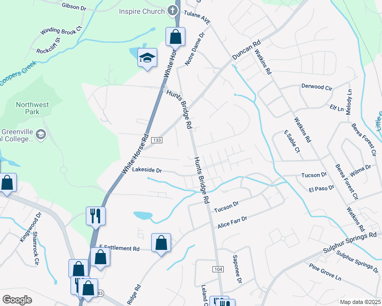 map of restaurants, bars, coffee shops, grocery stores, and more near 703 Hunts Bridge Road in Greenville