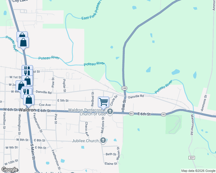 map of restaurants, bars, coffee shops, grocery stores, and more near Kelly Drive in Waldron