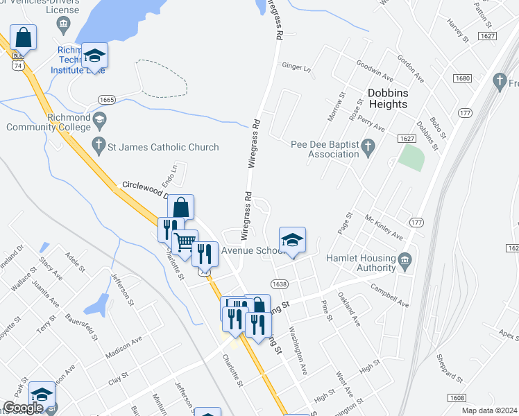 map of restaurants, bars, coffee shops, grocery stores, and more near 301 Piney Pointe Drive in Hamlet