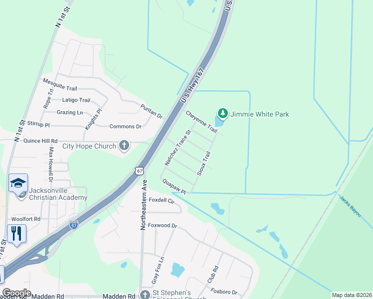 map of restaurants, bars, coffee shops, grocery stores, and more near 100 Tecumseh Trail in Jacksonville