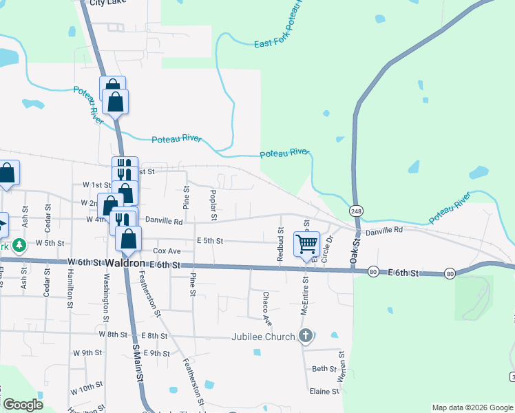 map of restaurants, bars, coffee shops, grocery stores, and more near 768 Danville Road in Waldron