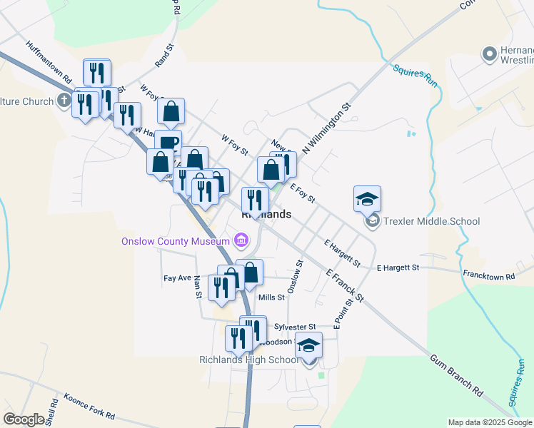 map of restaurants, bars, coffee shops, grocery stores, and more near in Richlands