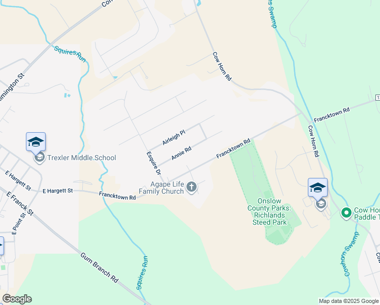 map of restaurants, bars, coffee shops, grocery stores, and more near 116 Annie Road in Richlands