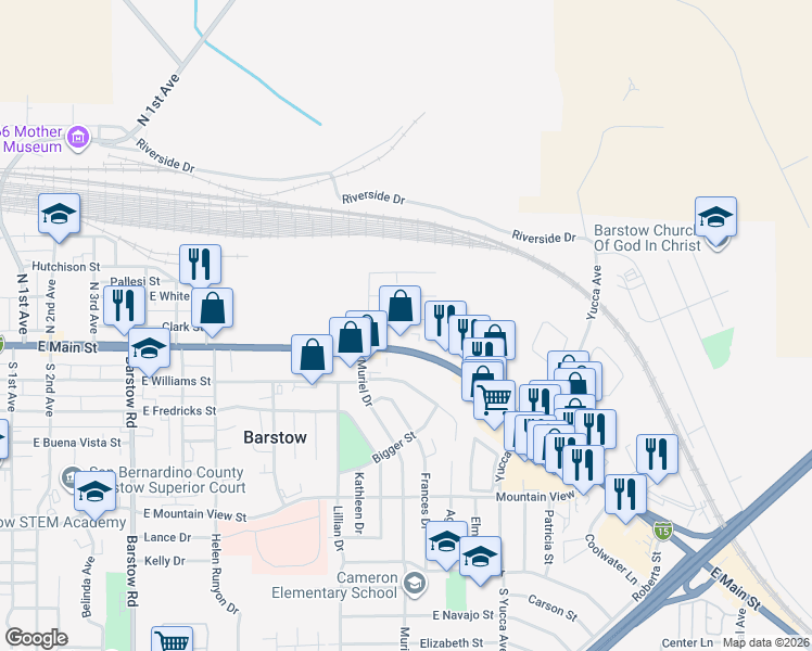 map of restaurants, bars, coffee shops, grocery stores, and more near 1111 East Main Street in Barstow