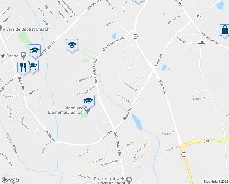 map of restaurants, bars, coffee shops, grocery stores, and more near 123 Yellow Fox Road in Greer
