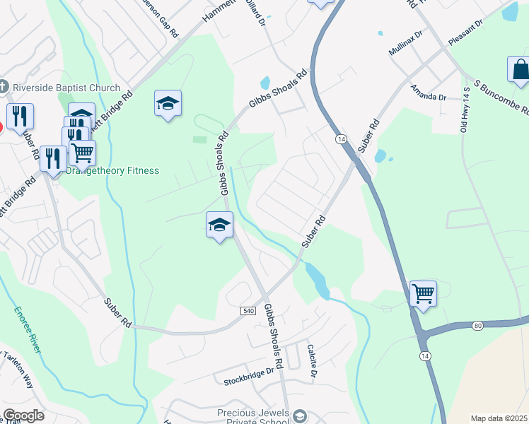 map of restaurants, bars, coffee shops, grocery stores, and more near 34 Yellow Fox Road in Greer