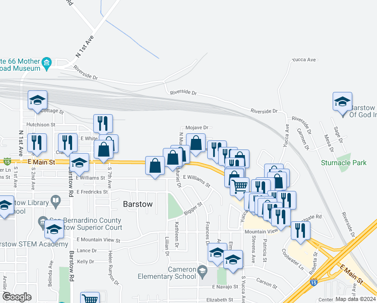 map of restaurants, bars, coffee shops, grocery stores, and more near 1020 Pueblo Drive in Barstow