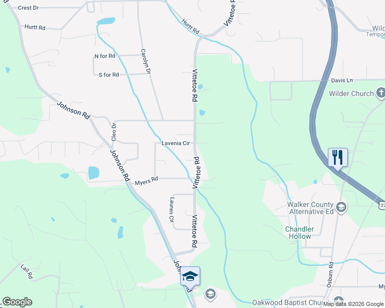 map of restaurants, bars, coffee shops, grocery stores, and more near 1246 Vittetoe Road in Chickamauga