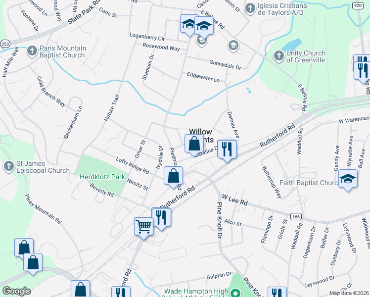 map of restaurants, bars, coffee shops, grocery stores, and more near 1 Catalina Drive in Greenville
